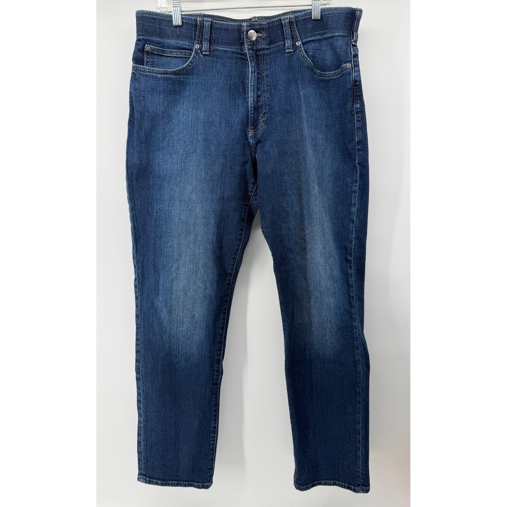 Lee Extreme Motion Straight Taper Jeans Mens 36x34 Dark Wash Stretch Blue Denim